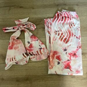 Pink and White Floral Scarf and Pants Set